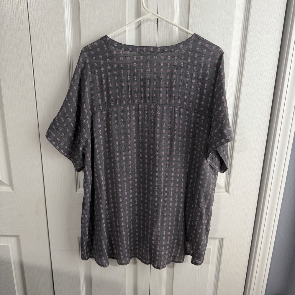 Dip Gray Purple Geometric Pattern Short Sleeve Blouse Women's Size 1X Boho - Picture 6 of 6